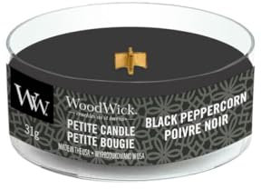 Woodwick: Petite Candle Black Peppercorn, kleine Duftkerze mit Holzdocht zum Ausprobieren, Duft: Black Peppercorn