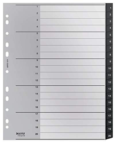 Leitz Register mit 20 Taben, 1-20, Extrabreit, Umweltfreundlich, Recycle-Serie, Schwarz, 12110000