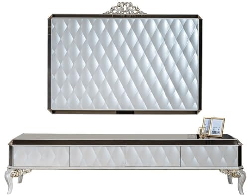 Casa Padrino Luxus Barock TV Schrank Weiß/Gold/Schwarz 235 x 52 x H. 54 cm - Edles Massivholz Lowboard mit TV Wand - Wohnzimmerschrank - Wohnzimmer Möbel im Barockstil