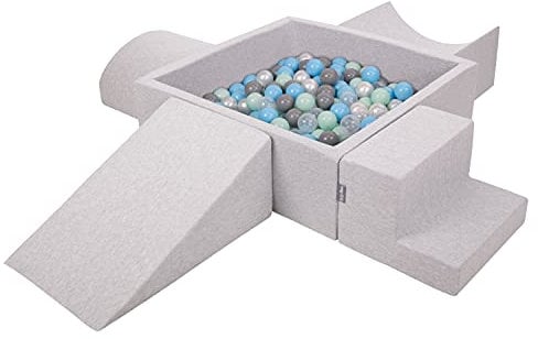 KiddyMoon Spielplatz Aus Schaumstoff Mit Quadrat Bällebad (300 Bälle) Ballgruben Für Babys Spielbad Hindernisläufen, Hergestellt In Der EU, Hellgrau:Perle/Grau/Transparent/Babyblue/Minze