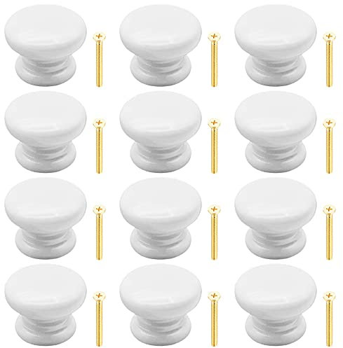 Yijunmca 12 Pack Round Drawer Knobs, 34mm Wooden, White, Mushroom Shape, for Dresser, Kitchen, Bathroom, Cupboards, Wardrobe Pulls