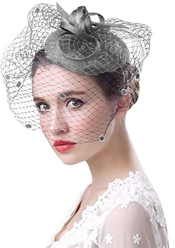 Fascinator Hut Damen Kopfschmuck Mesh Haarreif Hochzeit Damenhut Vintage Haarschmuck Hochzeitszubehör Bankett Hut Elegant Schleier Cocktail Haarsband Karneval Headwear Fasching Haar Clip Party
