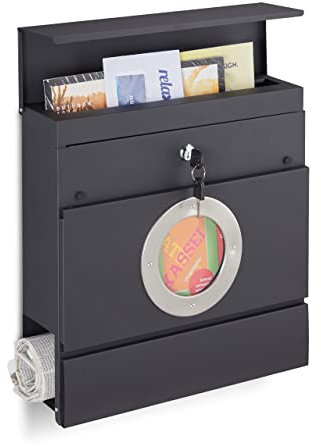 Relaxdays Briefkasten mit Zeitungsfach, HBT 37 x 37 x 11 cm, 2 Schlüssel, Stahl, moderner Postkasten mit Muster, schwarz