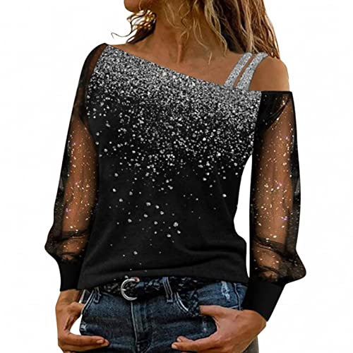 Generic T-Shirt Damen Schulterfrei Oberteile Sexy Glitzer Langarmshirt Casual Mode Langarm Shirt Bluse Tunika Elegant Einfarbig Pullover Jumper Herbst Winter Spitze Streetwear Laufshirt, Silber, S