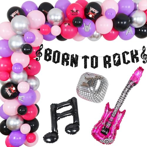 Born to Rock Party-Dekorationen für Mädchen, Rock and Roll Musik Motto-Party-Luftballons Girlande Kit – Born to Rock Banner, Discoball, Gitarre Pink Purple Party Supplies