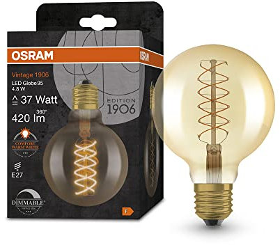 OSRAM s Vintage 1906 - Gold-Tönung,4,8W,420lm,Kugel-Form 95mm Durchmesser&E27-Sockel,warmweiße Lichtfarbe,spiralförmiges Filament,dimmbar,bis zu 15.000 Stunden Lebensdauer,4058075761612,37W-Ersatz