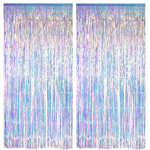 Iridescent Party Streamers Backdrop - GREATRIL Neon Transparent Holographic Tinsel Foil Fringe Curtain for Mermaid/Frozen/Sea/Euphoria/ERAS Party Theme Decorations 3.2ft x 6.5ft 2 PCS