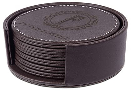 Personalisierte Untersetzer für Getränke, 5 Stück, Leder-Untersetzer mit Halter, individueller Namensbecher-Untersetzer für Küche, Couchtisch, Einweihungsfeier (braun)