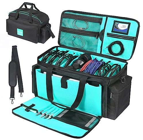 OUKNAK DJ Gig Bag, DJ Cable File Bag with Detachable Padded Bottom and Dividers, Travel Gig Bag for Cords Sound Equipment DJ Gear Musician Accessories (Blue)
