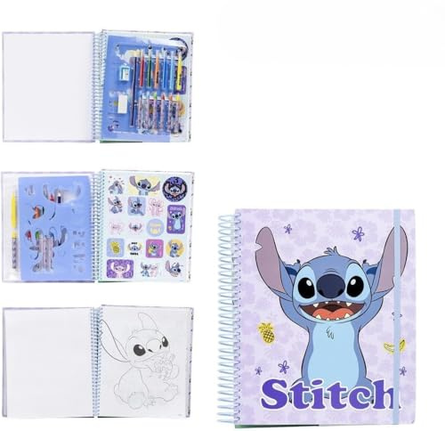 Stitch Super Activity Album Colourable Includes 1 HB Pencil, 1 Sharpener, 1 Eraser, 2 Shaped Templates, 2 Sticker Sheets, 12 Colouring Sheet, 6 Colour Markers and 6 Wax Crayons