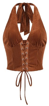 Verdusa Women's 2026 Going Out Halter Corset Top Lace Up Open Back Crop Tops Concert Cowgirl Outfits Rust Brown Medium