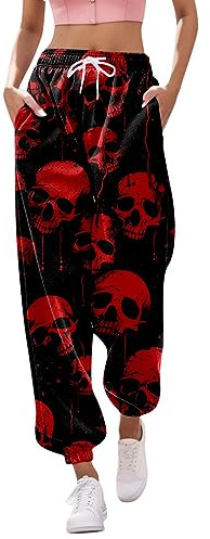 LOSSLO Gothic Hose Damen Schwarz,Punk Hose Damen,Jogginghose Damen Lang High Waist Sport Yoga Hosen Retro Haremshosen Baggy Laufhose mit Totenkopf Print Track Pants Streetwear Party Halloween Kostüm