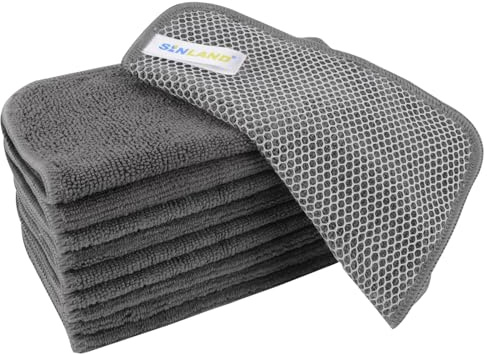 SINLAND Microfiber Dish Cloth for Washing Dishes, Grey, 7.87x7.87, 10 Pack | Cleaning Cloths, Poly Scour Side, Best Kitchen Washcloth, Rags