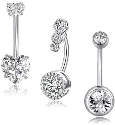 Besyvvin 3er Bauchnabelpiercing 14mm Chirurgenstahl Silber Piercing Bauchnabel Bauchpiercing Damen mit Herz Stein