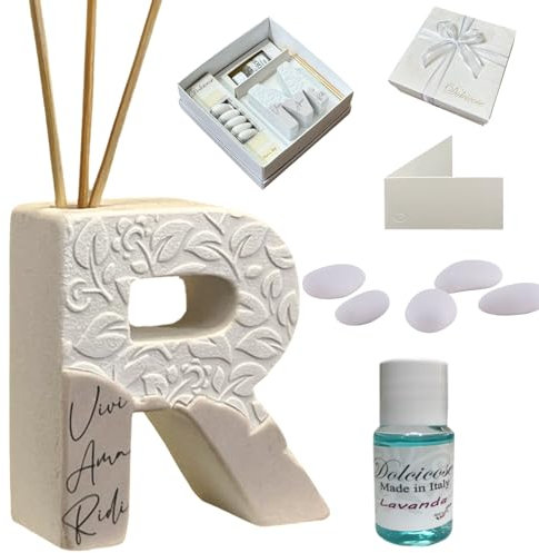 Regalami.Shop bomboniera profumatore in Marmo di Carrara Completo di Scatola, Confetti, Essenza, Nastro e bigliettino (Lettera r)