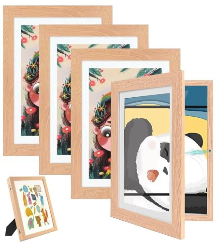 Atildp 4 Stück A4 Bilderrahmen 21x30cm, Bilderrahmen Kinderzeichnungen hölzerner Fotorahmen | Befüllbarer Klapprahmen zur Aufbewahrung & Darstellung von Kunstwerken (Natur, 4 STÜCK)