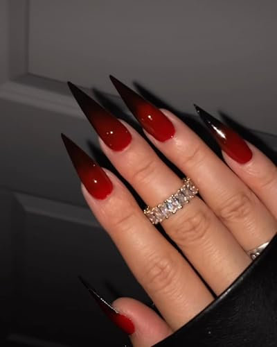 MouyouGlow Press on Nails Extrem Lang,Stiletto Halloween Schwarz Rot Ombre Gothic Fake Nails mit Nagelkleber,Vampire Blood Black Red Gradient Künstliche Fingernägel