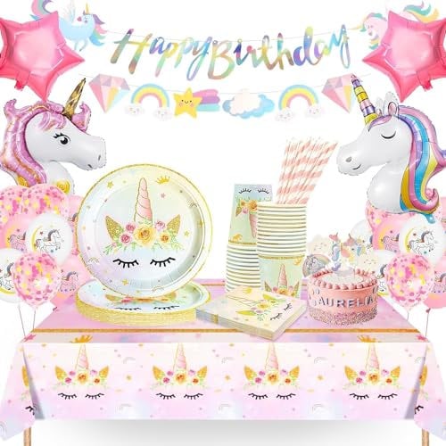 Yosiio Unicorn Party Tableware Set, Birthday Decoration Supplies for 16 Guests - Plates, Cups, Napkins, Table Cloth, Balloons for Kids' Themed Celebrations