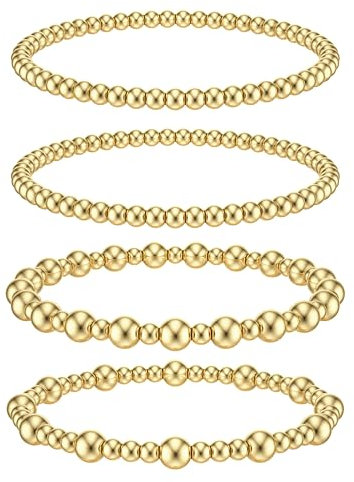 Dochais 4PCS Gold Bead Armbänder, EinstellbareStapelbar Armband Set,Stretch Goldperlen Armbänder Hypoallergene, 14K Karat Vergoldet, Gold Armbänder für Damen und Herren