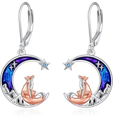 Fuchs Ohrringe Geschenke für Damen und Teenager Mädchen Sterling Silber 925 süßer Fuchs auf dem Mond Baumelnde Ohrringe Schmuck