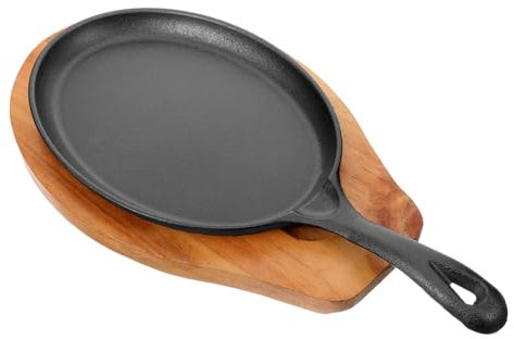 Alipis Single Handle Frying Pan Cast Iron Steak Pan Wooden Base for Kitchen Restaurant Egg Pancake Frying