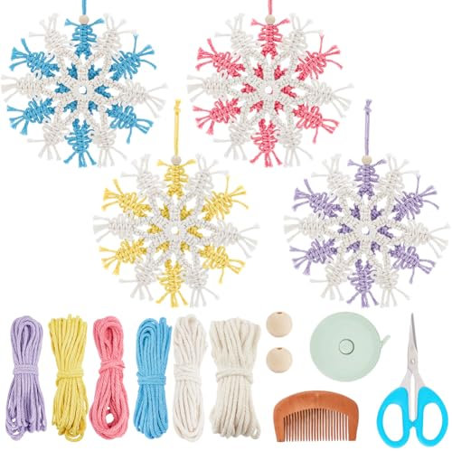 INFUNLY 9 DIY Makramee Weihnachtsschneeflocken Verzierungen DIY Schneeflocken Set Mit Video Tutorial Und Anleitung Handgefertigte Gewebte Schneeflocken Weihnachtsbastelgeschenke Wandbehang Für Die Dek