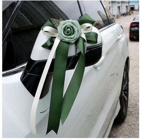 Pmnzdy Set of 4 Car Bows Silk Flower Simulation Flower Bow Car Decoration Car Door Handle Strip Rear View Mirror Wedding Chair Back for Church Wedding Car Wedding Funeral Party Decoration Green