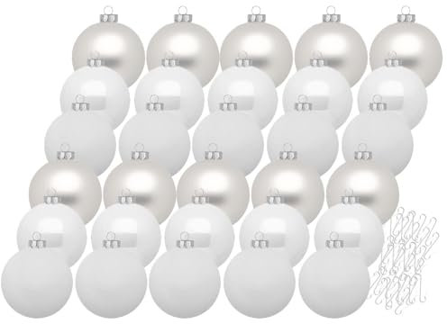 Inge Glas Weihnachtskugeln mit Haken | Schöne Christbaumkugeln aus Glas | Set 30 Kugeln und 40 Aufhänger | Christbaumschmuck Weihnachtsbaumkugeln (Just White)