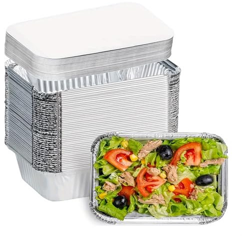 Cobenga 60 Stück Aluminiumfolien-Tabletts mit Deckel, 21 x 16 x 5 cm/1000 ml Folien-Lebensmittelbehälter, Folien-Aluminium-Pfannen Einweg-Grilltabletts für Mahlzeitvorbereitung, Braten, Grillen
