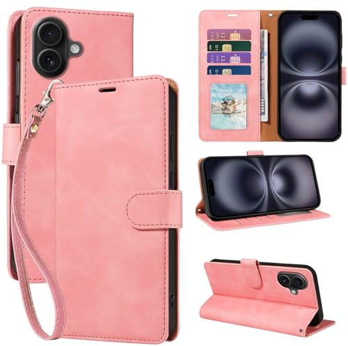 GOTOURED for iPhone 16 Plus Case Wallet, [RFID Blocking 4 Card Slots] [Wrist Strap] [Kickstand] [Magnetic Closure] Shockproof Protective Leather Flip Cover Phone Case for iPhone 16 Plus (Pink)