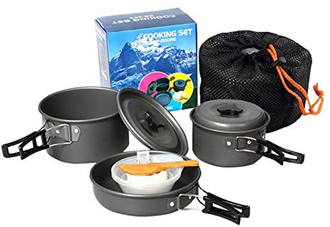 ACAGALA Outdoor-Kochset 2-3 Personen | 9-TLG. Campinggeschirr mit Antihaft + stapelbar | Anodisiertes Aluminium (1,5 kg) | Für Lagerfeuer/Gaskocher + Inkl. Netzbeutel