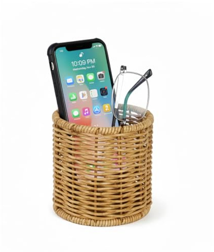 Ymeibe Handgewebter Schreibtisch-Organizer aus Rattan, Boho-Brillenhalter, Schreibtisch-Aufbewahrung für Stifte, Scheren, Marker, natürliche Heimbüro-Dekoration