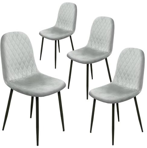 Alivio 4Pc Velvet Dining Chairs, Ergonomic Upholstered Seat with Curved Backrest, Metal Legs, Comfortable Plush Velvet for Dining, Lounge, Kitchen, Office, Indoor & Outdoor (Grey, Pack of 4)