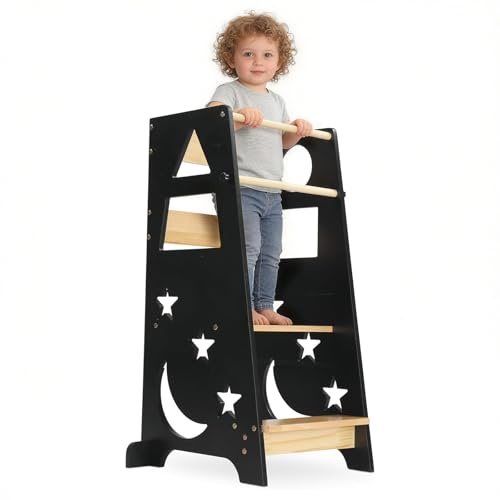 LEADZM Tour de Observación Infantil Montessori,Tour de aprendizaje | 3 Alturas de Madera, Estabilidad Anti-Bascular y Descubrimiento de Formas(Negro+Naturaleza)