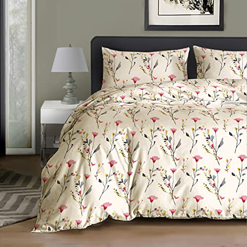 RAYBedding 3PCS Duvet Set 100% Egyptian Cotton Super King Bed Set 400 Thread Count Floral Printed Blossom Pink Duvet Cover with Pillow Cases 2 Pack