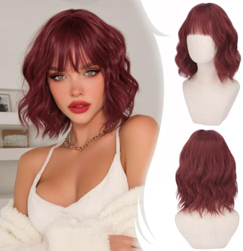 RUWISS Peluca pelo Natural Rojo con Flequillo, 35 cm Pelucas Mujer pelo Natural Rizado Ondulado Peluca Bob Corta Sintética para Cosplay Fiestas
