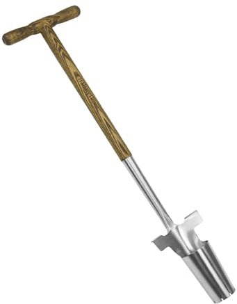 Haliaeetus Long Handle Bulb Planter Tool, 37'' Stainless Steel Bulb Planter | 4'' Depth Marks Long Handled Hole Digger, Tulip Bulbs Planter with Comfortable T Shaped Long Wood Handle for Planting Tulips