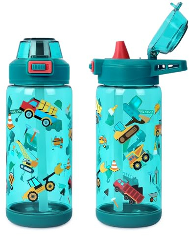 600ml Kids Straw Water Bottle Leak-Proof Travel Cup with Handle Truck | 600ml Large capacity, durable plastic sport bottle with straw handle, dishwasher safe for girl boy school travel