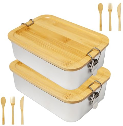 Sixfolo 2 Piezas Fiambrera Acero Inoxidable con Tapa de Bambu,1400ml | Lonchera Metalica Sellada Hermetica,Bento Box Portátil con Juego de Cubiertos para Oficina Escuela Viajes