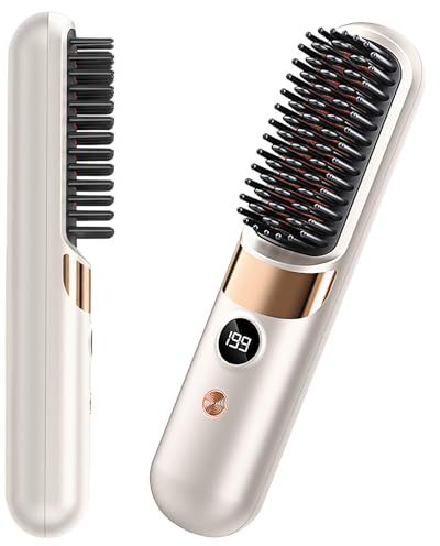 HRYYDS Go Brush Pro UK Cordless Hair Straightener Brush - Portable Rechargeable Ceramic Styling Brush with 4 Adjustable Heat Modes & LED Display, Perfect for Travel & Everyday Use (Cream White)