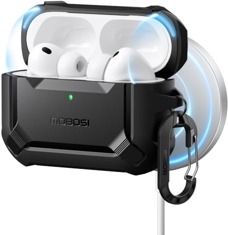 MOBOSI für AirPods Pro 3 Hülle Case mit Magnetisch Schluss,Schwarz | Kompatibel mit MagSafe,Militärschutz Stoßfest Schutzhülle Tasche mit Reinigungsset & Karabiner für airpod pro 3 case (2025)