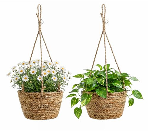 2pcs Pot Suspendu Plante Interieur et Exterieur, Suspension Plante en Osier, Cache Pot Suspendu pour Fleurs, Jardiniere Suspendue Pliable avec Doublure Impermeable, Decoration Balcon et Maison