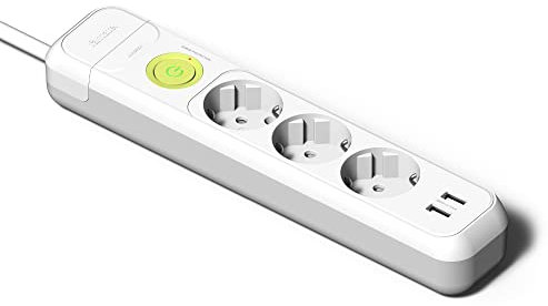 FAMATEL – Steckdosenleiste mit 3 Steckern + 2 USB-Buchsen + Schalter | 1,5m Kabel | Mit TT | 16A | 250V | Weiß | USB-Schnellladestecker | Überspannungsschutz