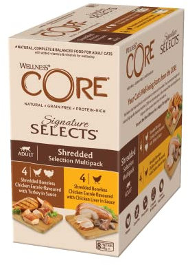 Wellness CORE Signature Selects, 8 x 79g, Shredded Selection Mix, Wet Cat Food, Tasty Shreds in Sauce, All-Natural, Grain-Free, High Meat Content, Protein-Rich, No Added Sugar