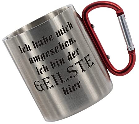 CreaLuxe Edelstahltasse mit Karabiner - Ich Habe Mich umgesehen. Ich bin der Geilste hier - 330ml, Tasse bedruckt, Kaffeetasse, Bürotasse, Metalltasse mit Name