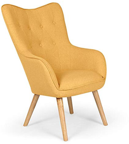 Chaise/Fauteuil Scandinave Jaune Capitonné | Assise Confortable en Tissu et Pieds en Bois | Modèle Klarys | L67 x P75 x H100 cm