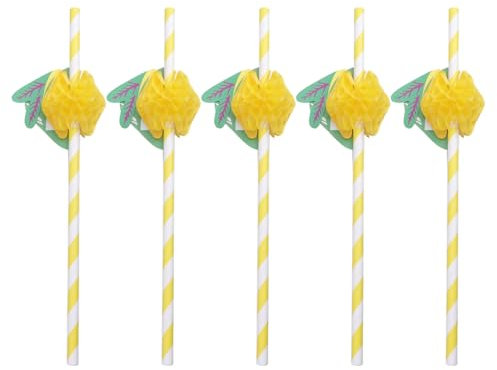 25Pcs Disposable Lemon Paper Straws Striped Drinking Straws Lemon Honeycomb Straws 3D Fruit Straws Cocktail Straws for Hawaii Tropical Party Summer Party Drink Decor