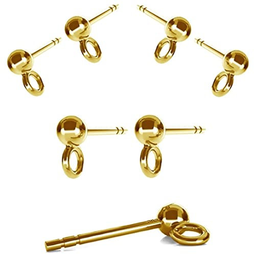 DIY925 3 Paar Ohrstecker 925 Sterling Silber 24K vergoldet mit 3mm Kugel Ohrschmuck Rohling für die Schmuckherstellung