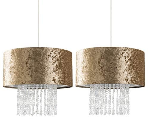 MiniSun | Modern Gold Velvet Ceiling Light Shades with Clear Acrylic Droplets | Pendant Lights, Home Décor & Improvement Essential | Set of 2