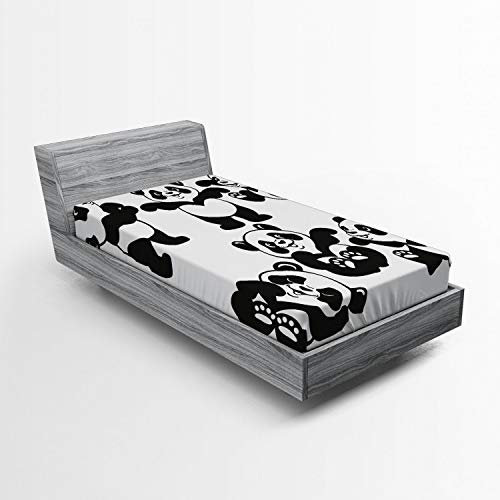 ABAKUHAUS Panda Spannbetttuch, Spielerische Panda-Bär Zoo, Soft Dekorativer Stoff Bettwäsche Rund-um Elastischer Gummizug, 90 x 200 cm, Dunkelgrau Weiß